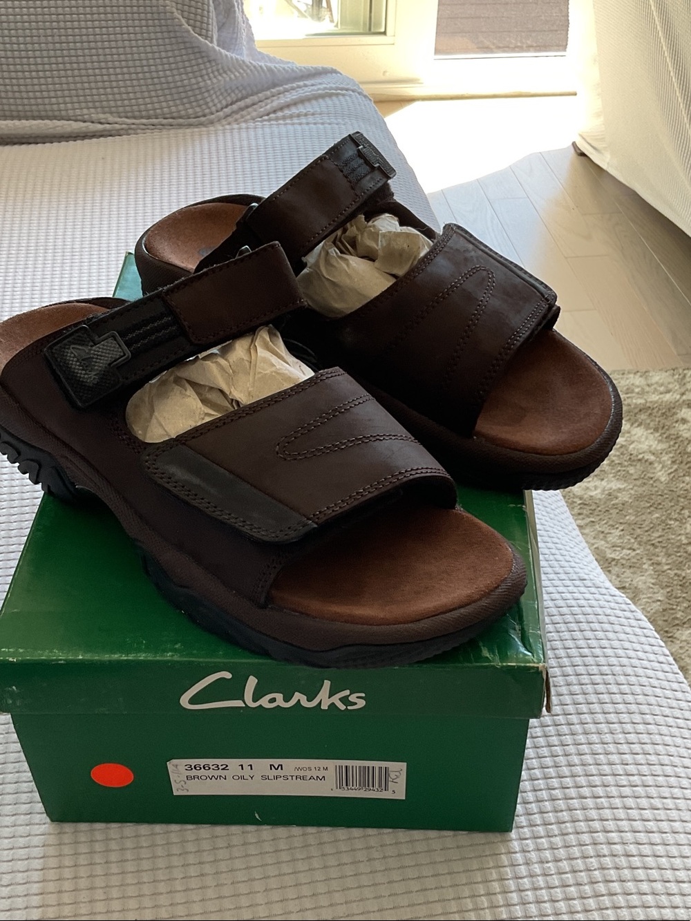 Clarks Men’s Dark Brown Leather Double-Strap Slide Sandals